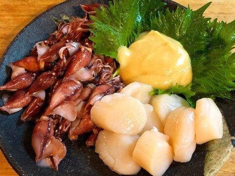 辛子酢味噌でいただく 蛍烏賊と帆立貝柱